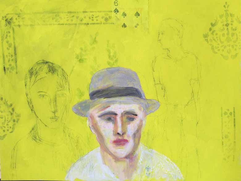 Pintura de Sebastião Miguel, Joseph Beuys e as Cartas, com figura de chapéu diante de um fundo amarelo